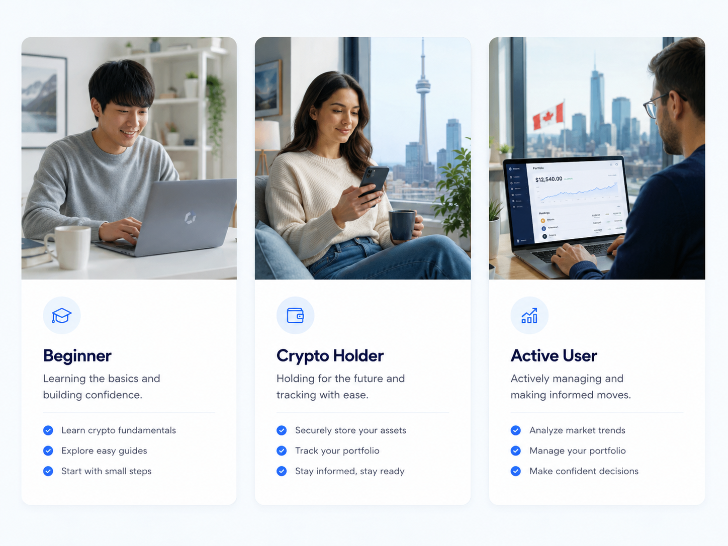 Three types of crypto users Beginner, Crypto Holder, and Active User each with a tailored staking path