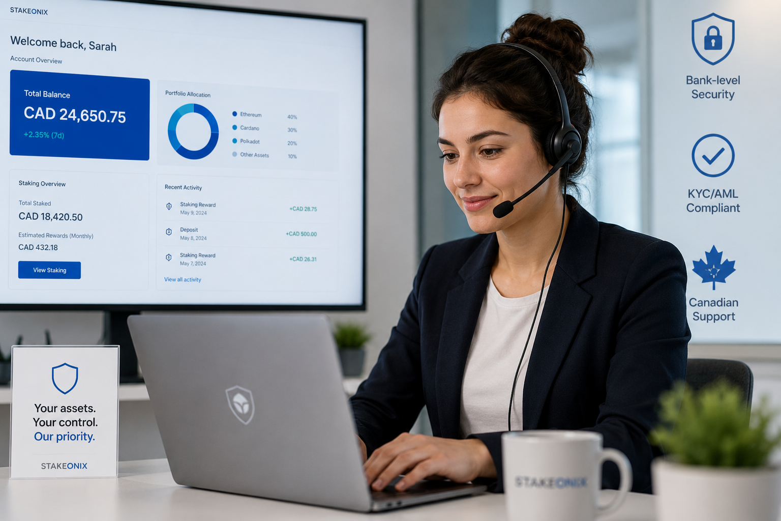 Stakeonix Canadian support agent at laptop Bank-level security, KYC/AML compliant, Canadian support